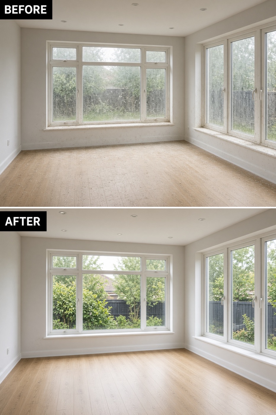 Newly built room before and after a builders clean, dust and residue removed