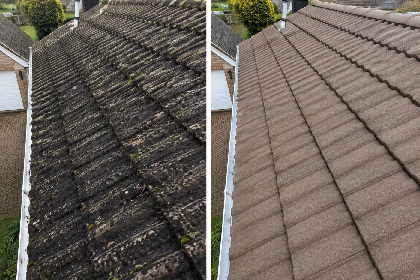 Roofline before and after moss removal alongside a gutter clean